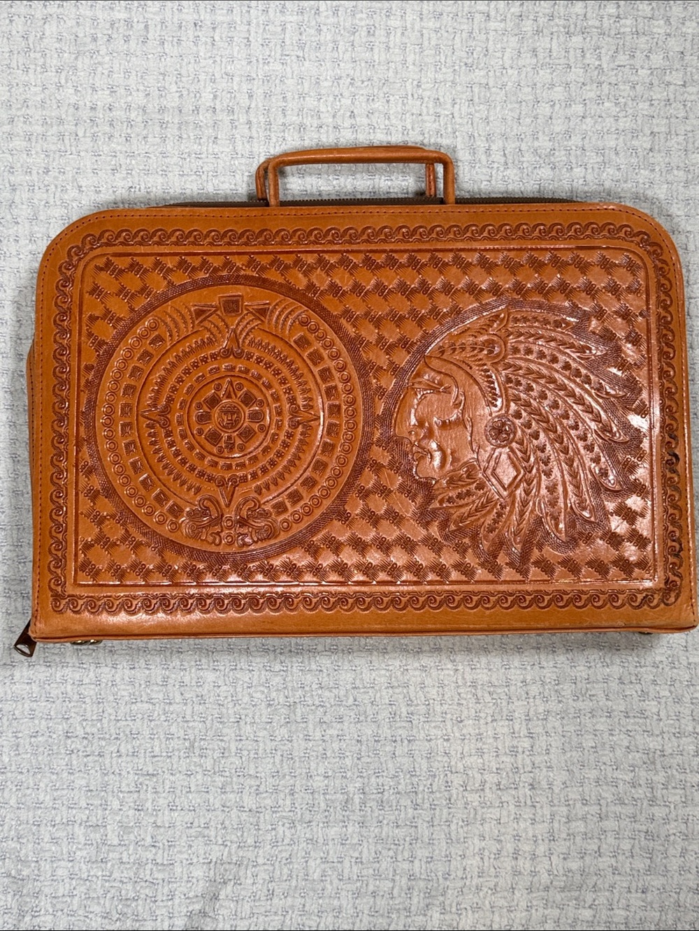 70’s Vintage Hand Tooled Western Leather Briefcase Laptop Bag Brown